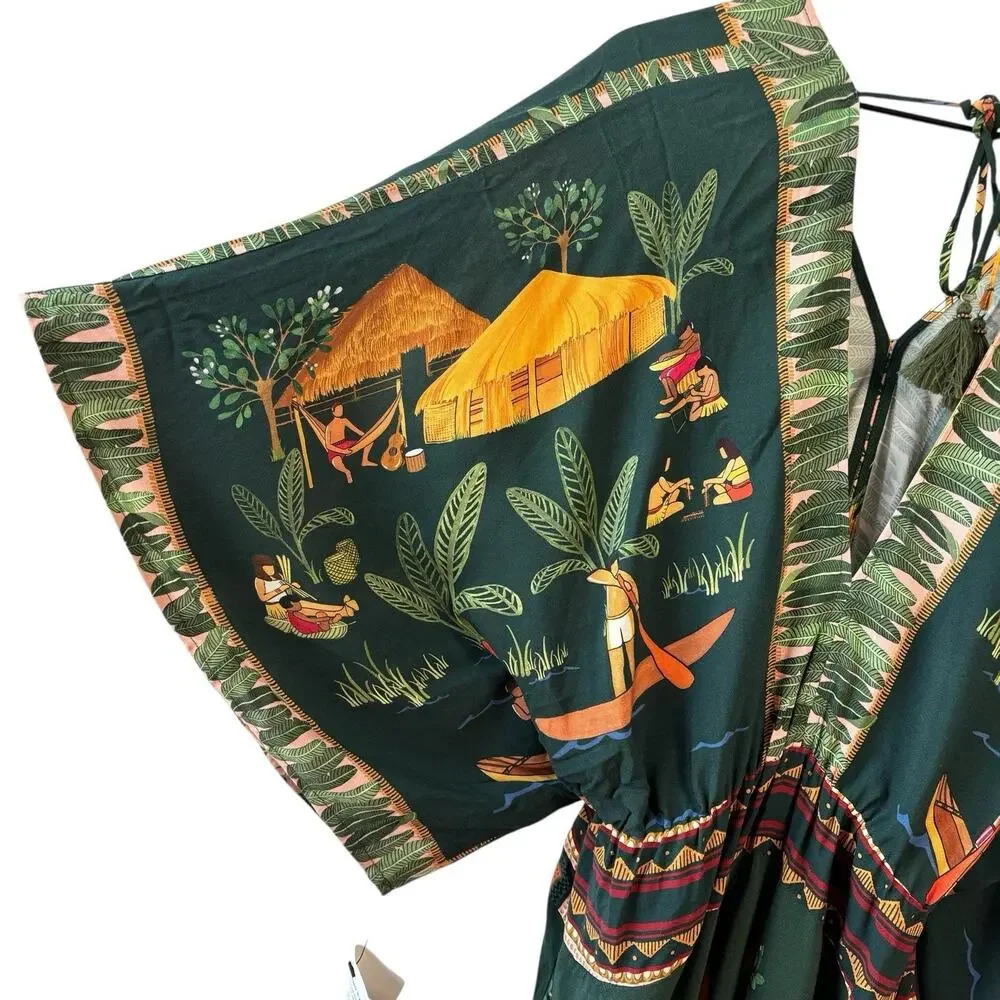 Farm‎ Rio Womens Dress Green Medium Yawanawa Indigenous Hut Print Rare Viscose - Picture 9 of 15